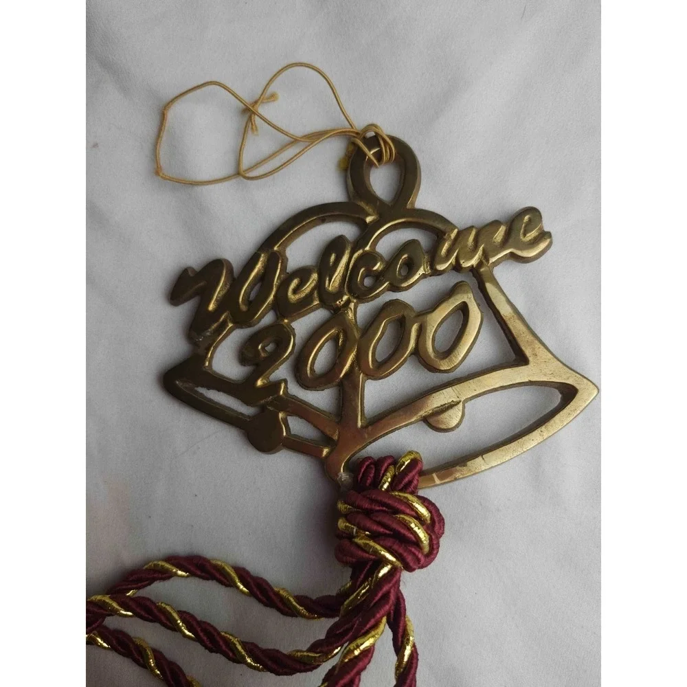 Vintage Brass Welcome 2000 Hanging Bells Maroon Gold Cord Classic Timeless